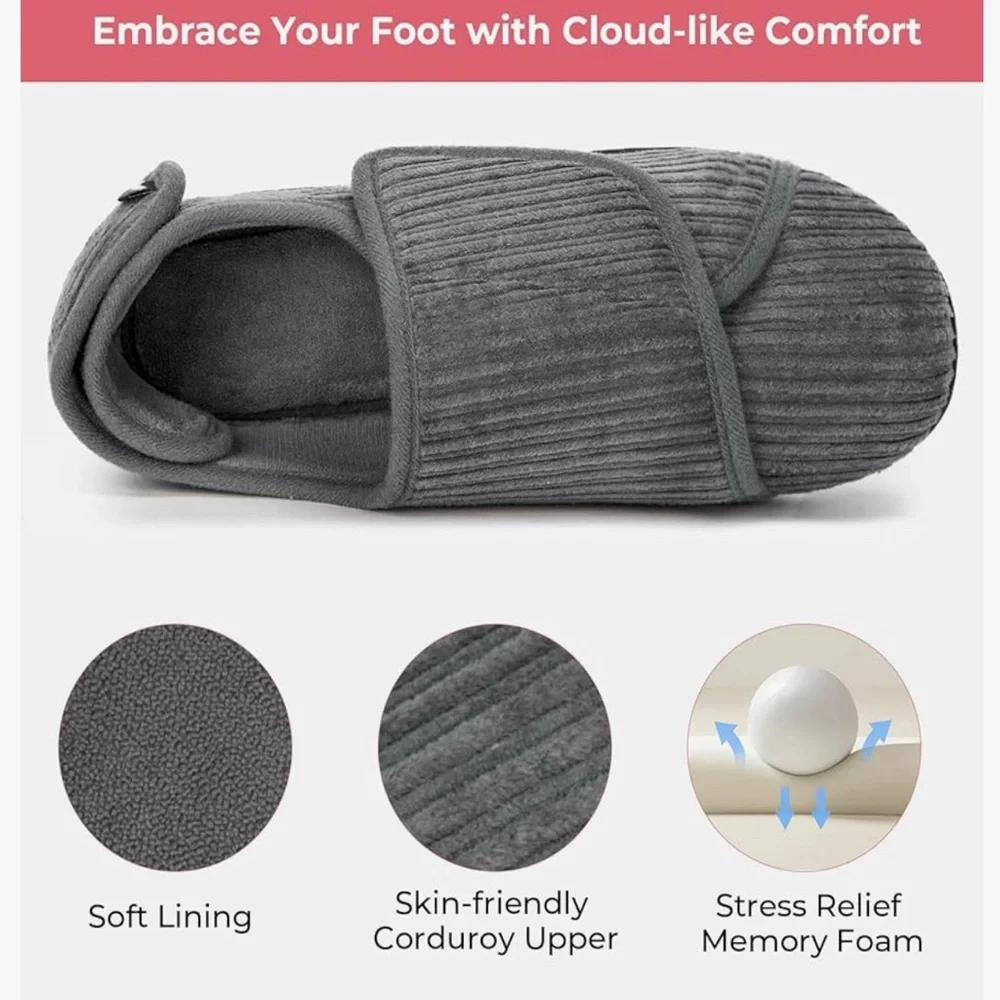 Hometop Grey House Slippers Traction Hard Soles Double Velcro Woman 9 Elderly - Picture 6 of 9